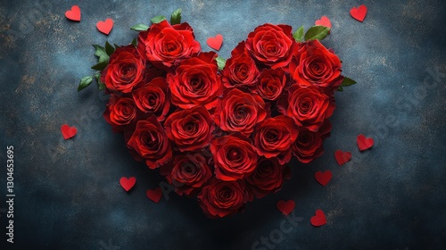 Red roses heart-shaped arrangement, Valentine's, dark background, romantic