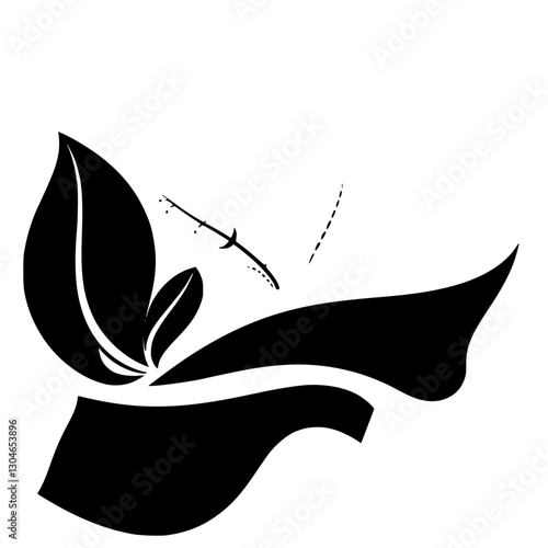 Black and white botanical abstract featuring leaves with a delicate stem and an imaginary wisp.