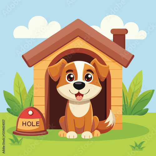 Happy Cartoon Dog Sitting in a Cozy Doghouse with a Welcoming Smile