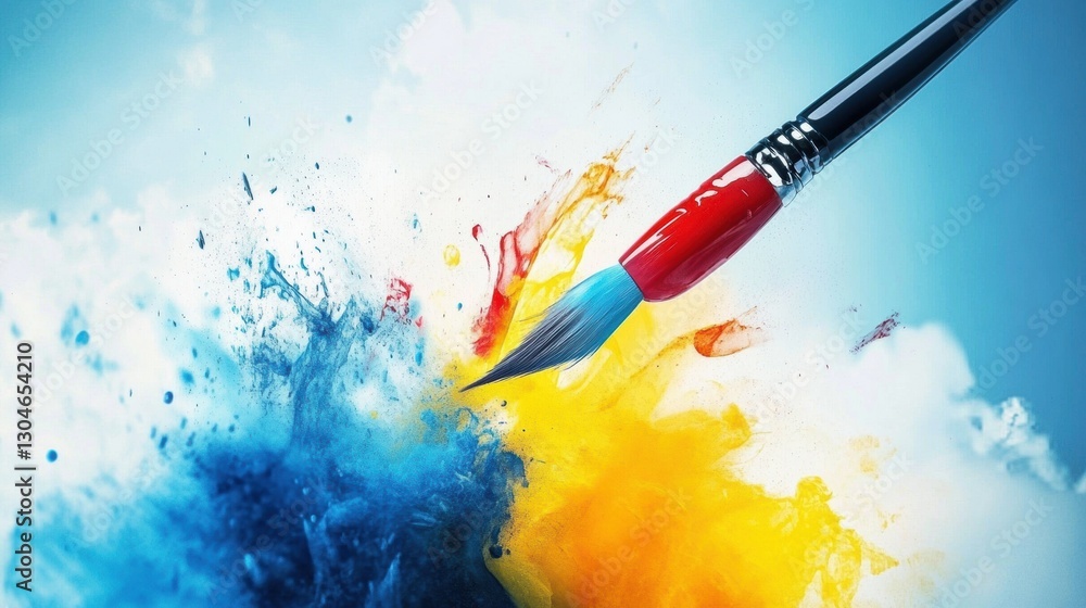 Fototapeta premium Colorful paintbrush creating vibrant splashes in blue and yellow hues against a bright background. Generative AI