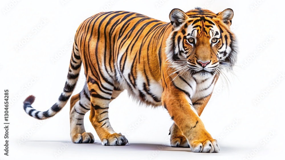 Obraz premium Majestic Tiger Walking on White Background - Powerful Wildlife Stock Photo