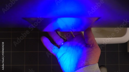 Stockholm, Sweden A man dries his hand under a blue hand dryer in a public bathroom. 