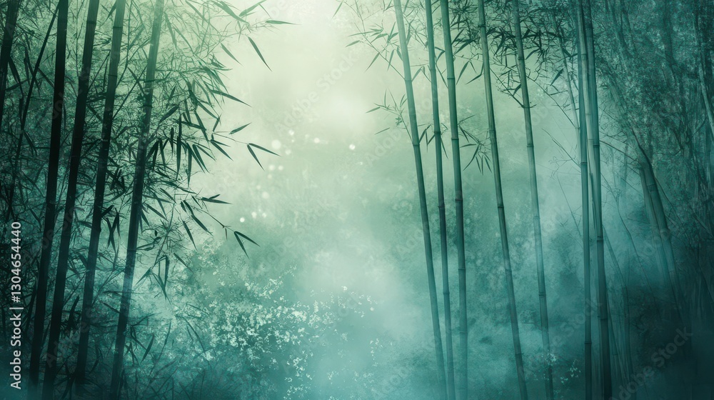 Bamboo forest backdrop with moonlit stalks and foggy teal-toned landscape Bamboo forest backdrop with moonlit stalks and foggy teal-toned landscape