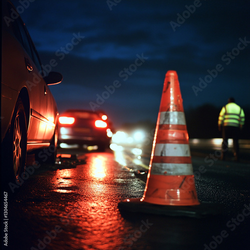 Night traffic accident scene with orange cone and red taillights wet cars road dark image photo