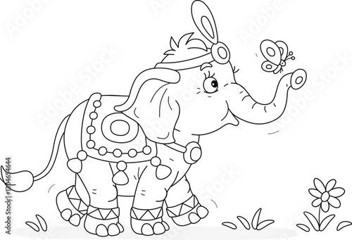 Little elephant with festive decorations walking on grass and playing with small butterfly fluttering around, black and white outline vector cartoon illustration for a coloring book