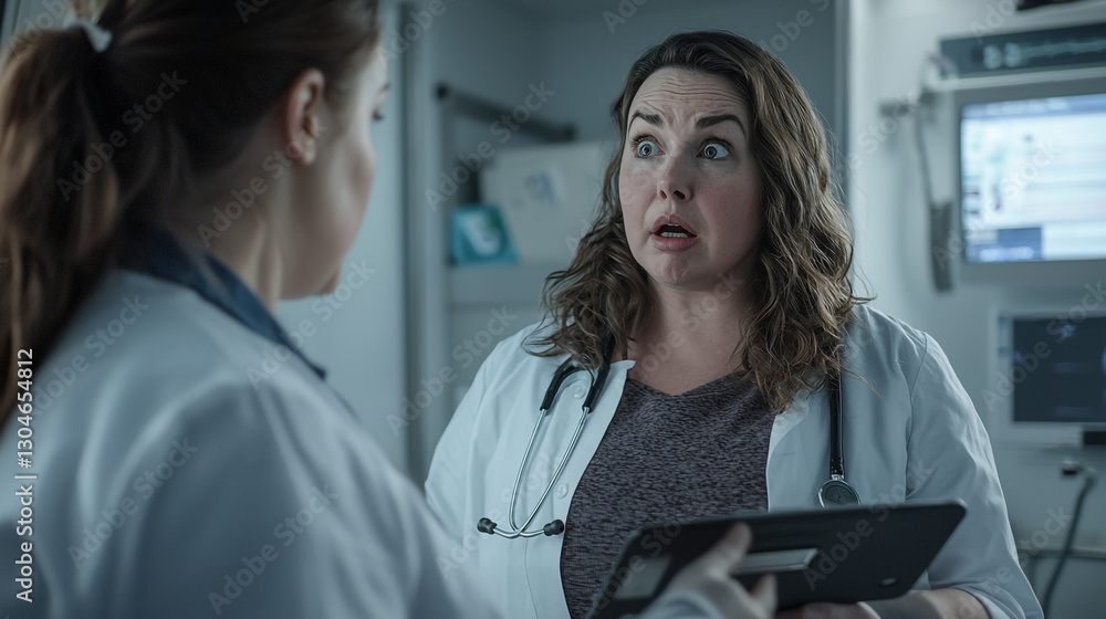 Fototapeta premium Serious doctor discussing patient healthcare concerns with tablet desk woman nurse female clinic