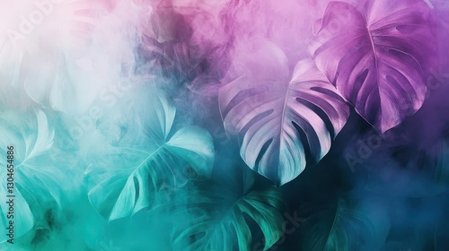 Monstera leaves and orchids in soft-focus watercolor mist with iridescent gradients