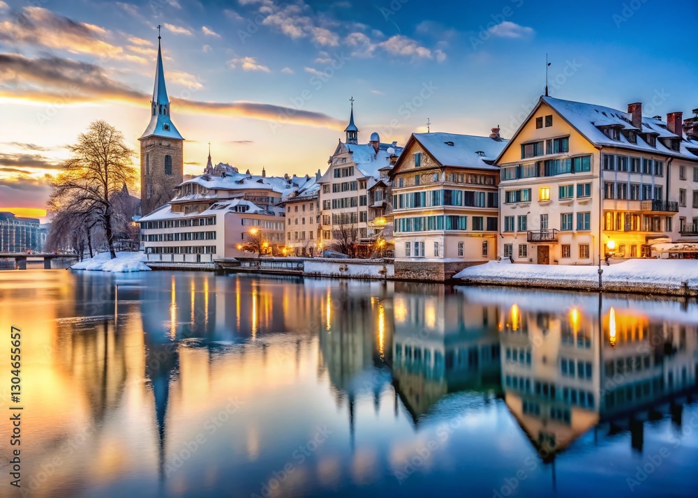 Fototapeta premium Majestic Winter Scene in Zurich, Switzerland: Frozen Lake & Snow-Covered Buildings