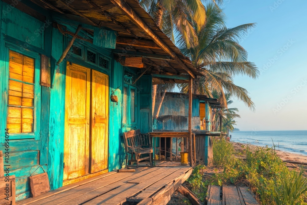 Fototapeta premium A clear blue sky overlooks wooden beach huts with palm trees standing tall in the background