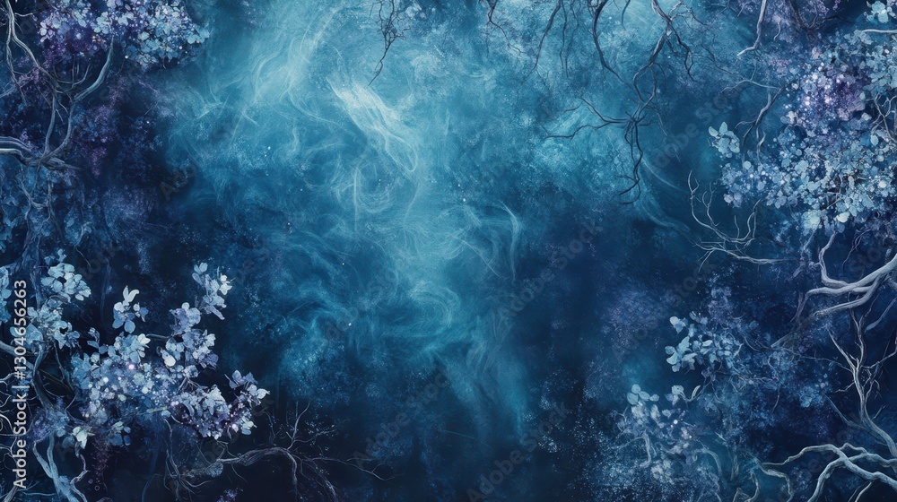 Obraz premium Magical woodland wallpaper with glowing plants and swirling mist around oversized trees