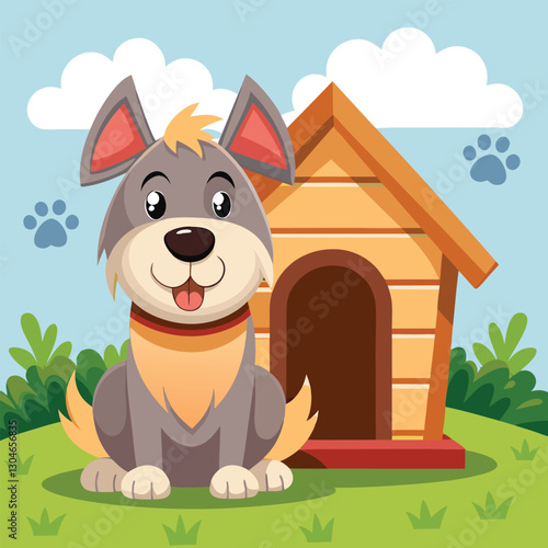 Happy Cartoon Dog Sitting in a Cozy Doghouse with a Welcoming Smile