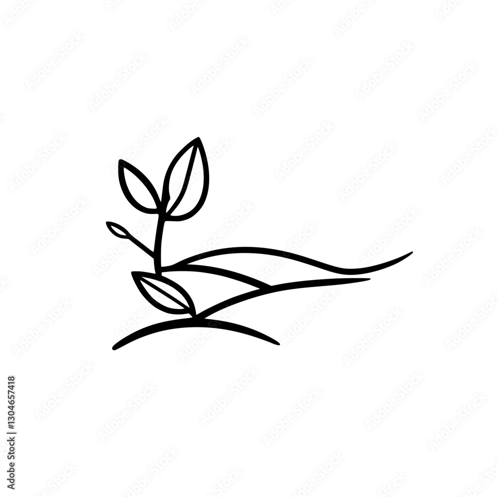 A minimal depiction of a budding plant with three leaves and a curved stem in black against a white background. The design is a line drawing. A minimal depiction of a budding plant with three leaves and a curved stem in black against a white background. The design is a line drawing.