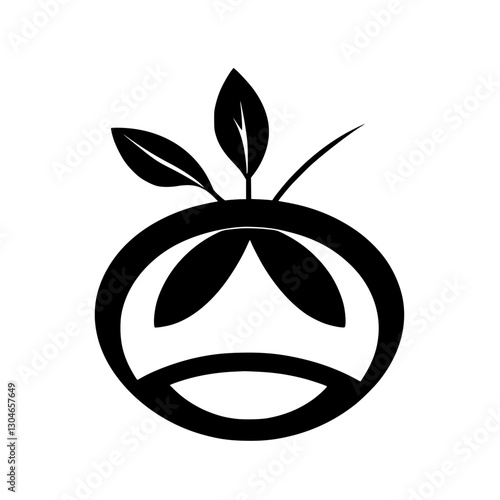 Minimalist black-and-white logo featuring a stylized spherical fruit with leaves.