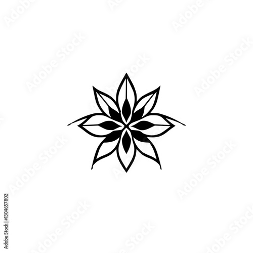 A minimalist, black & white, symmetrical flower design, isolated on white background. The focus is on simplicity.