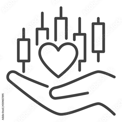 Hand with Heart and Candlestick Chart vector Financial Growth and Love for Trading outline icon or design element