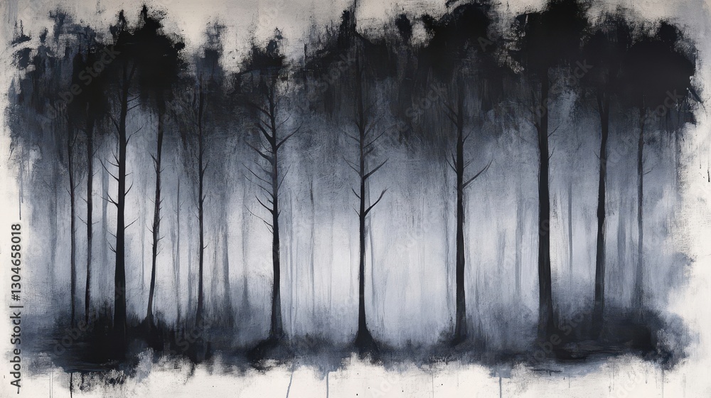 Fototapeta premium A monochrome tree backdrop with silhouetted trunks and layered charcoal textures disappearing into fog