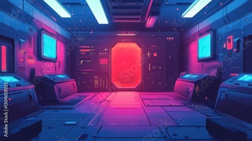Fototapeta Naklejka Na Ścianę i Meble -  Futuristic control room with neon lights and a bright portal