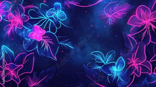 A high-contrast neon wallpaper with glowing botanical shapes and misty shadows blending into a cosmic nightscape