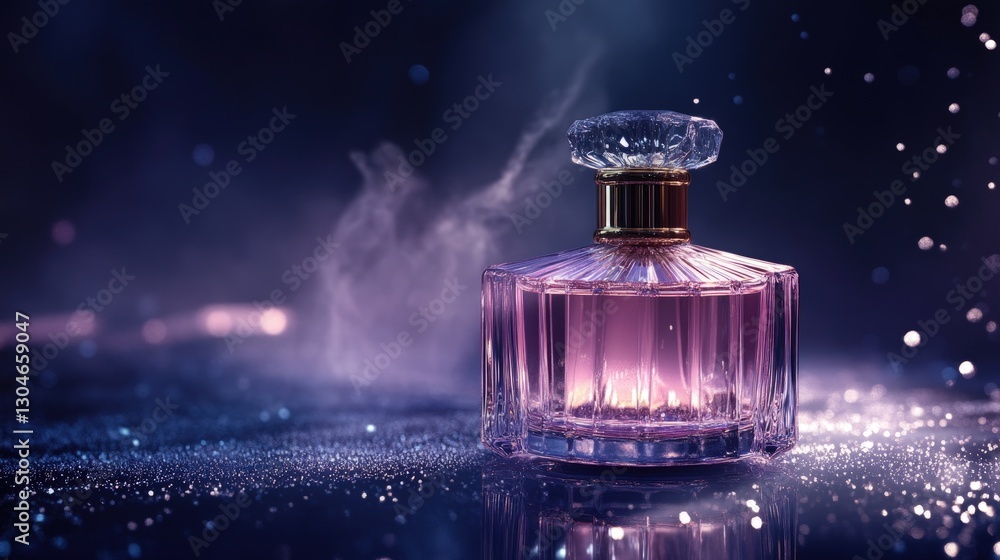 Elegant perfume bottle on dark background with sparkles and smoke. Elegant perfume bottle on dark background with sparkles and smoke.