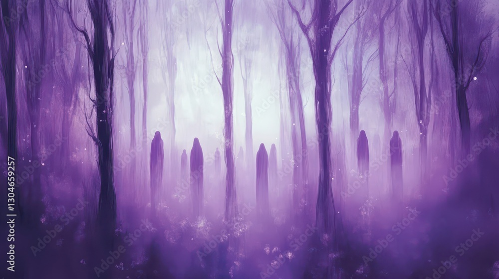 Fototapeta premium A haunting gothic forest background with blurred tree silhouettes and glowing particles scattered over a lavender horizon