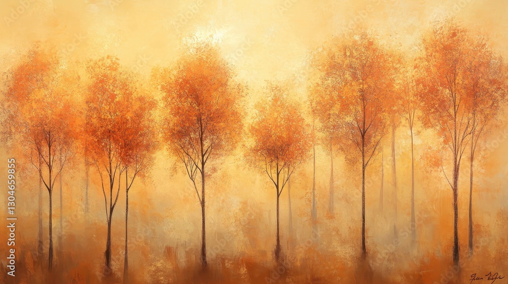 A hand-painted autumn sunset background with glowing trees and misty warm light A hand-painted autumn sunset background with glowing trees and misty warm light