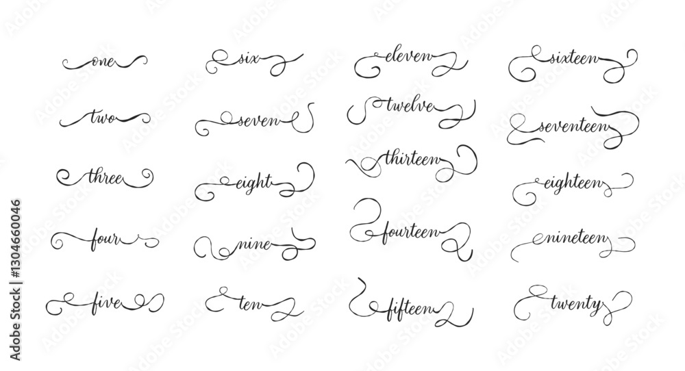 One to twenty numbers card. Hand drawn quote. Modern brush calligraphy. Isolated on white background One to twenty numbers card. Hand drawn quote. Modern brush calligraphy. Isolated on white background