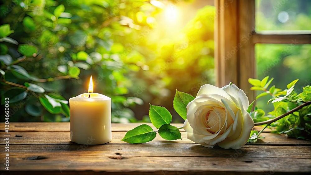 Overhead view: a white rose candle glows amidst vibrant greenery on a weathered wooden table. Overhead view: a white rose candle glows amidst vibrant greenery on a weathered wooden table.