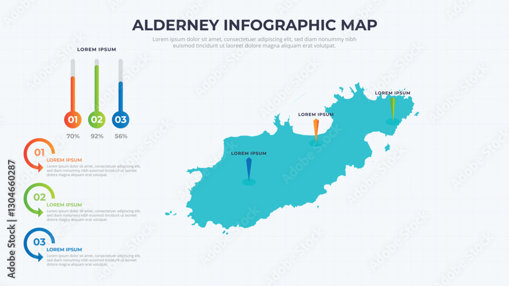 Obraz premium Infographic Map of Alderney. Alderney country map infographic colored vector template with regions and pointer marks.