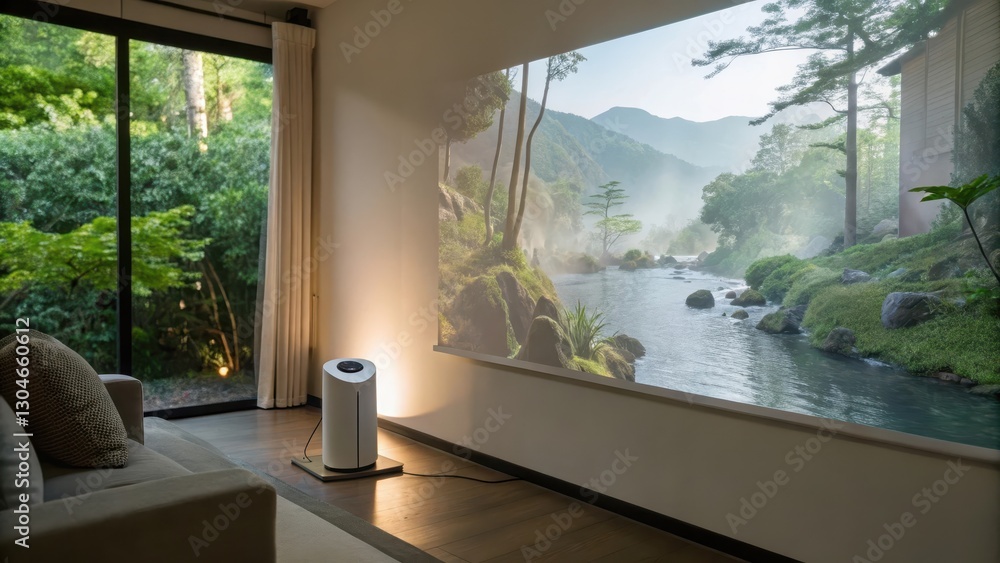 Fototapeta premium Cozy living room featuring a projector displaying a serene mountain landscape.