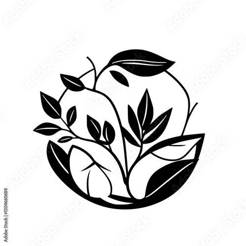 A stylized black and white illustration of intertwining leaves, vines, and stems forming a circular composition.