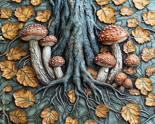 Toadstools at Tree Roots Among Fallen Autumn Leaves