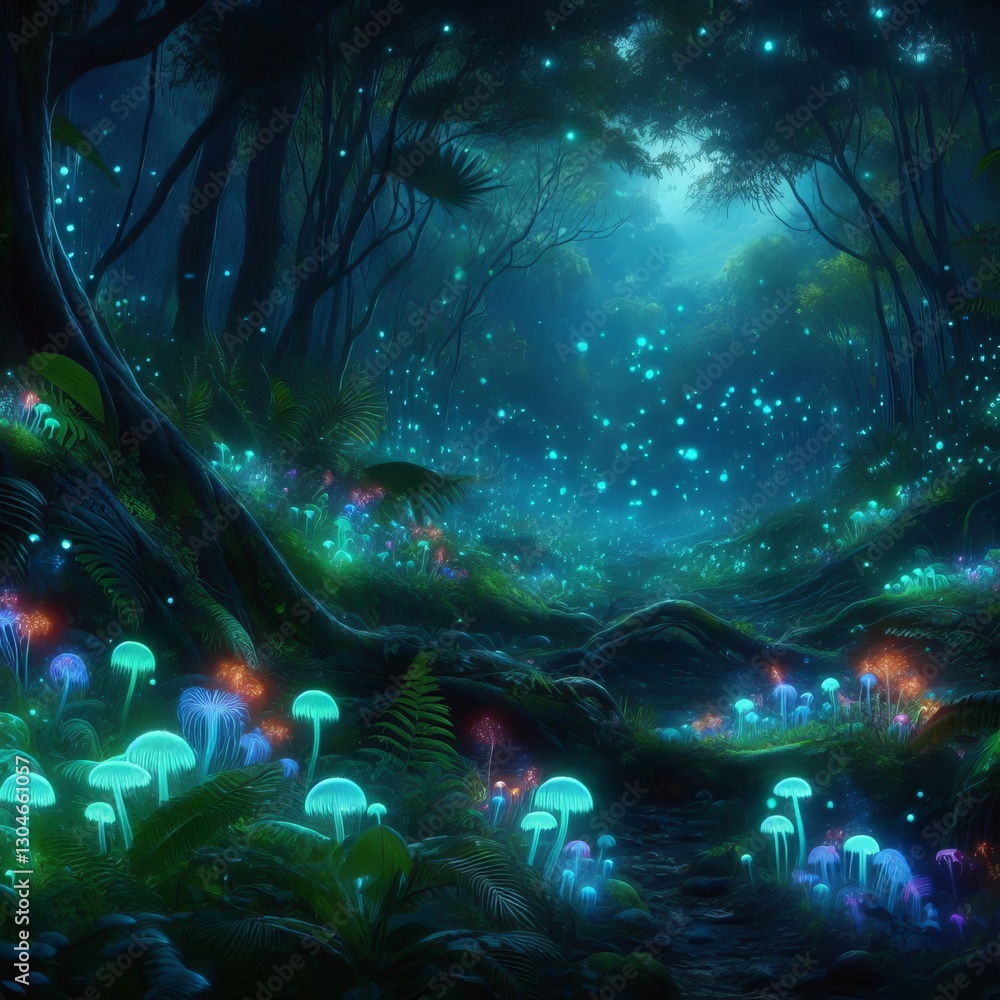 Obraz premium Bioluminescent Jungle Night: Fantasy Landscape 