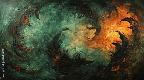 A classical oil-painted background with emerald and burnt sienna strokes creating textured layers