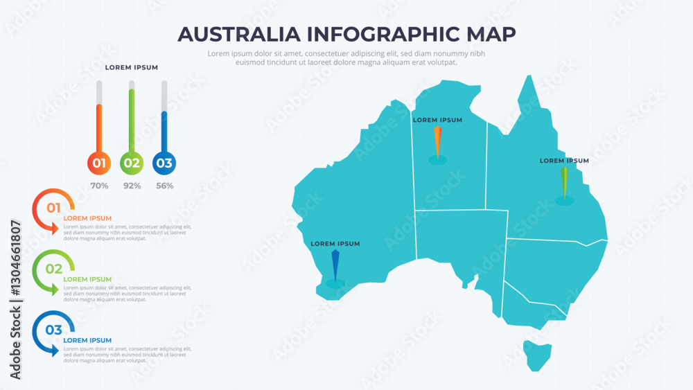 Fototapeta premium Infographic Map of Australia. Australia country map infographic colored vector template with regions and pointer marks.