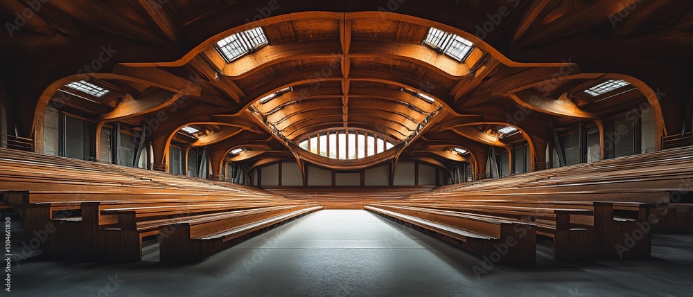 Fototapeta premium Wooden chapel interior, sunlight, skylights, empty pews, architecture