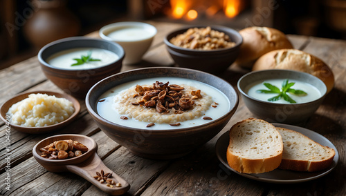 Rustic Breakfast with Warm Porridge, Milk, Fresh Bread, and Nuts in a Cozy Country Setting

