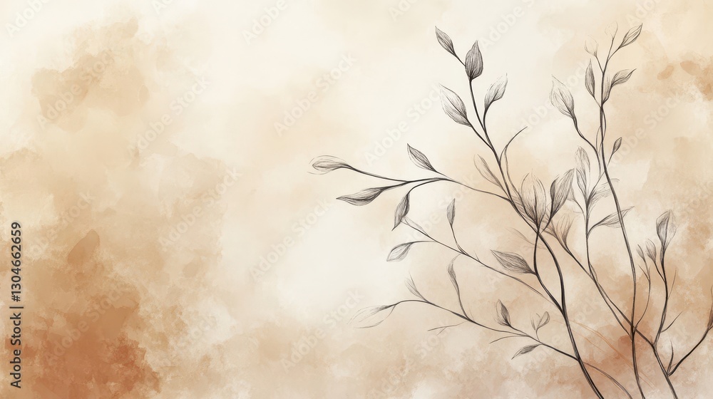 Fototapeta premium A sophisticated hand-drawn line art backdrop with organic branches flowing across a warm ivory watercolor texture