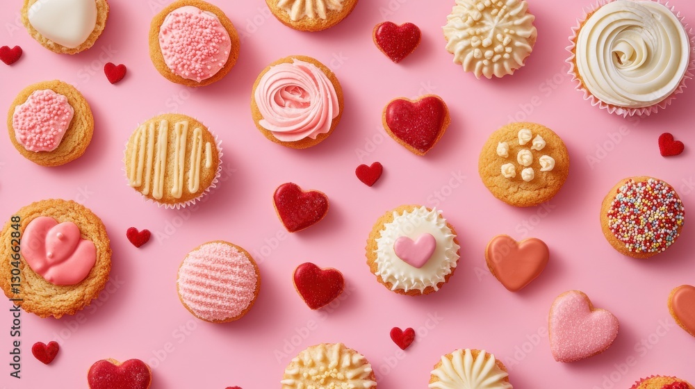 Colorful Flat Lay of Valentine Themed Cookies and Desserts on Pink Background with Sweet Heart Decorations Perfect for Celebrations and Treats Colorful Flat Lay of Valentine Themed Cookies and Desserts on Pink Background with Sweet Heart Decorations Perfect for Celebrations and Treats