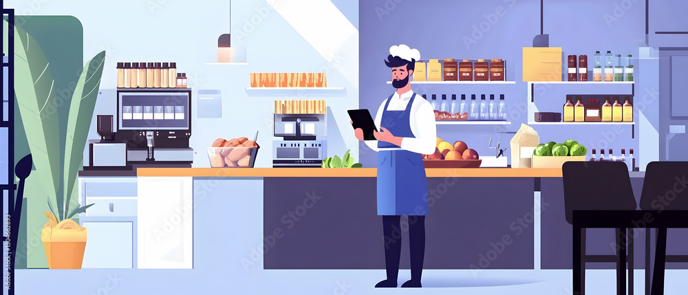 Restaurant chef ordering groceries using a tablet in a kitchen - Restaurant chef ordering groceries using a tablet in a kitchen -