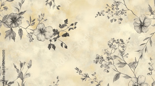 Fototapeta Naklejka Na Ścianę i Meble -  A timeless botanical wallpaper with etched floral engravings over a warm ivory watercolor background