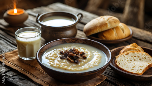 Traditional Rustic Breakfast with Warm Porridge, Milk, and Fresh Bread in a Cozy Setting
