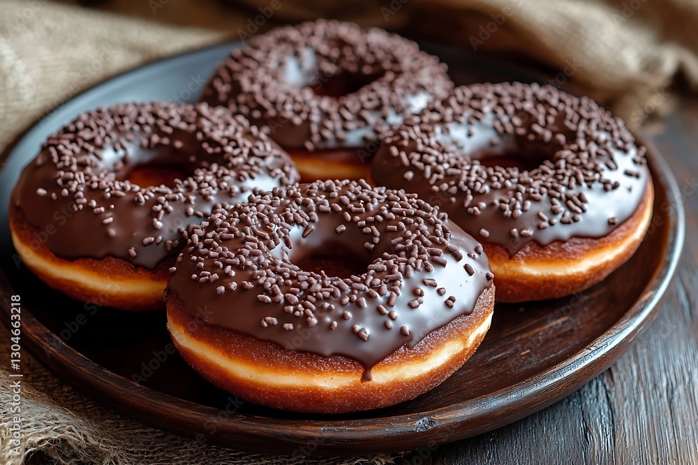 A plate of four chocolate-glazed donuts is presented on a rustic wooden surface A plate of four chocolate-glazed donuts is presented on a rustic wooden surface