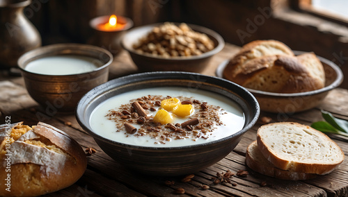 Rustic Traditional Breakfast with Milk, Bread, and Yogurt-Based Dish in a Cozy Setting

