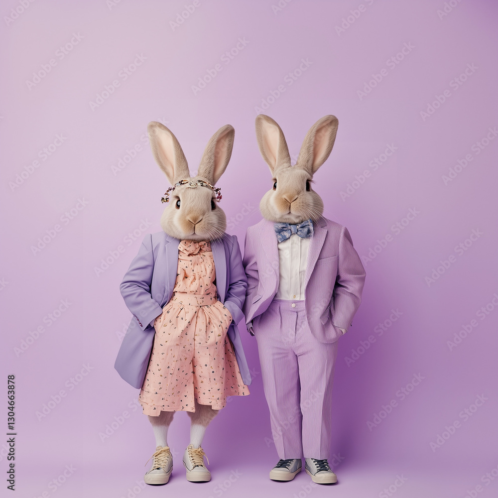 Obraz premium A modern, abstract illustration of an Easter bunny dressed in a stylish fashion suit. The trendy, hipster-inspired rabbit stands and poses with a loving couple. It features large rabbit ears, blending