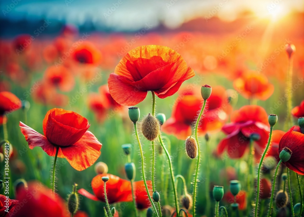 Obraz premium Miniature Red Poppy Field, Tilt-Shift Photography, Spring Flowers
