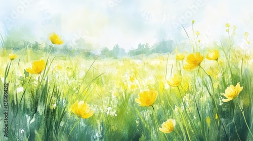 Fototapeta Naklejka Na Ścianę i Meble -  A watercolor spring backdrop featuring radiant buttercups and green grass merging with a pastel sun-drenched horizon