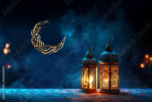 Ramadan Mubarak Banner with Golden Arabic Calligraphy in Crescent Moon and Illuminated Arabic Lamps on Blue Table Photo.