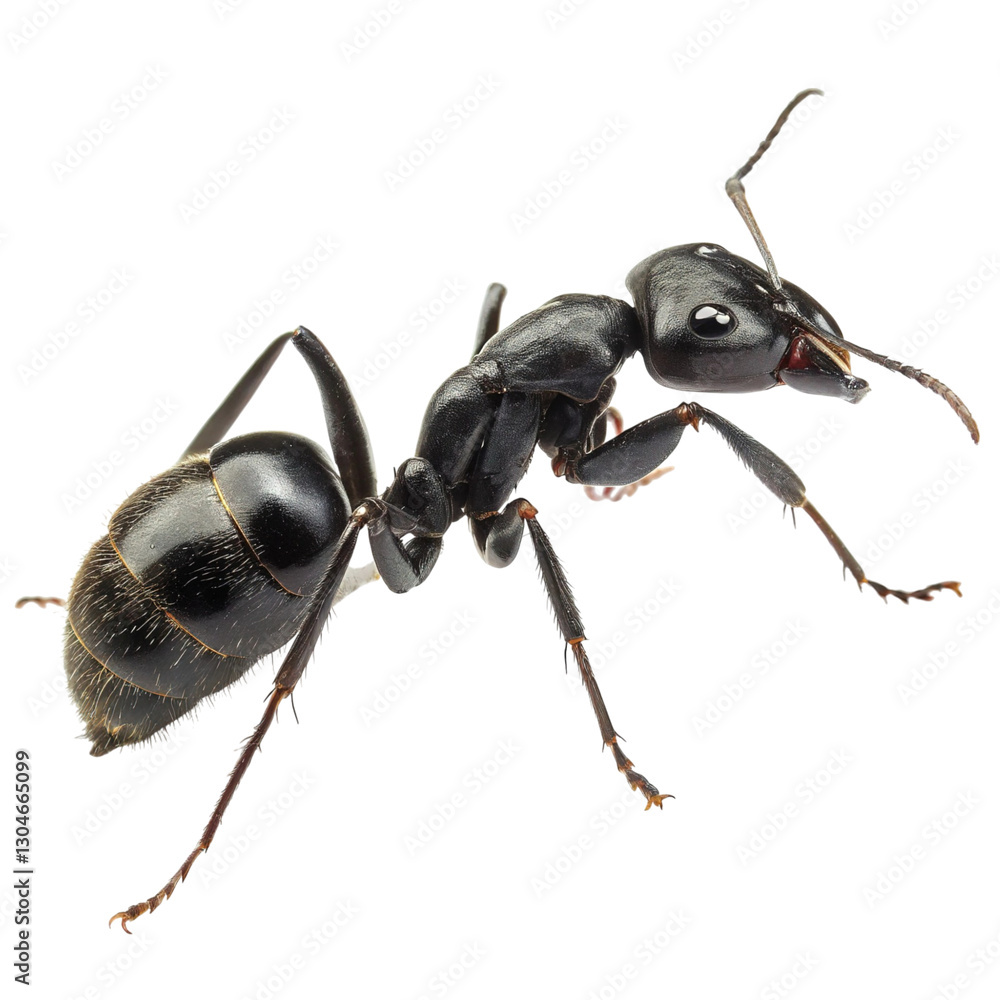 Realistic ant with a glossy black chitin shell, isolated on a transparent background.