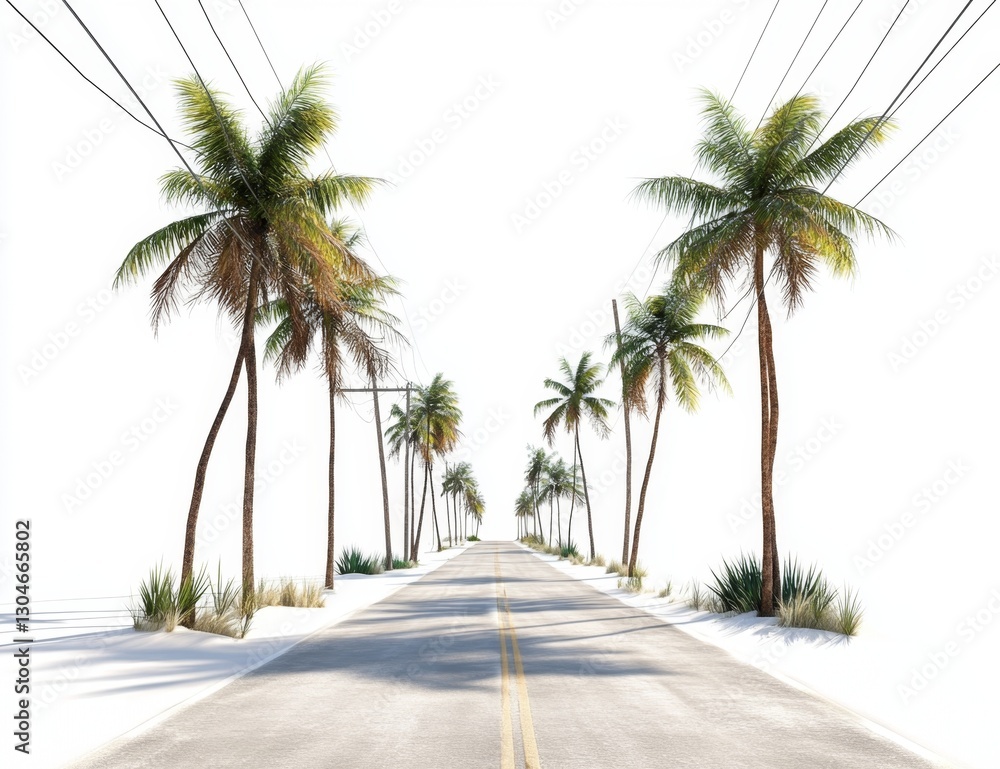 Tropical Roadway, Palm Trees, Empty Highway Tropical Roadway, Palm Trees, Empty Highway