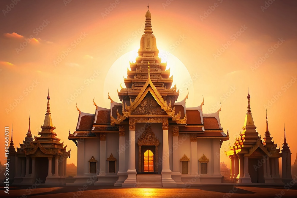 Fototapeta premium Minimalist Bangkok Temple: Serene Golden Pagoda at Dawn